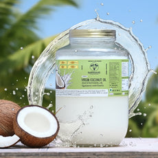 Jar of coconut oil with coconuts and palm trees in the background | Sarvaani |Virgin Coconut Oil
