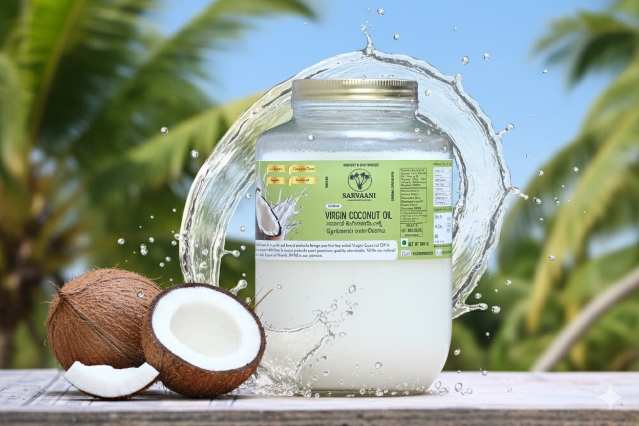 Jar of coconut oil with coconuts and palm trees in the background | Sarvaani |Virgin Coconut Oil