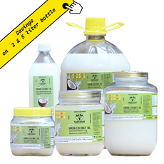 Collection of Saviyani Virgin Coconut Oil products in various containers on a white background.