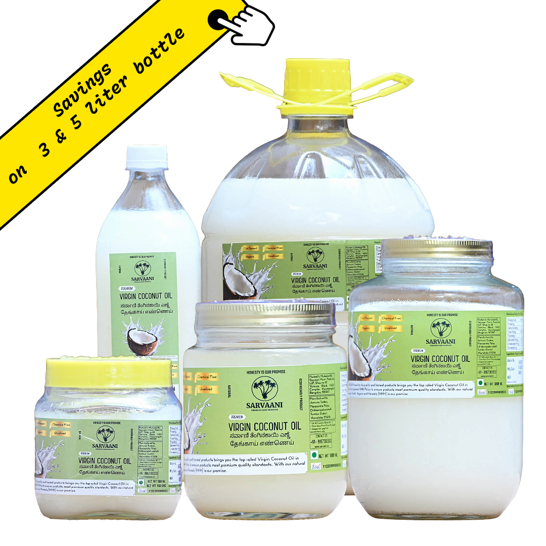 Collection of Saviyani Virgin Coconut Oil products in various containers on a white background.