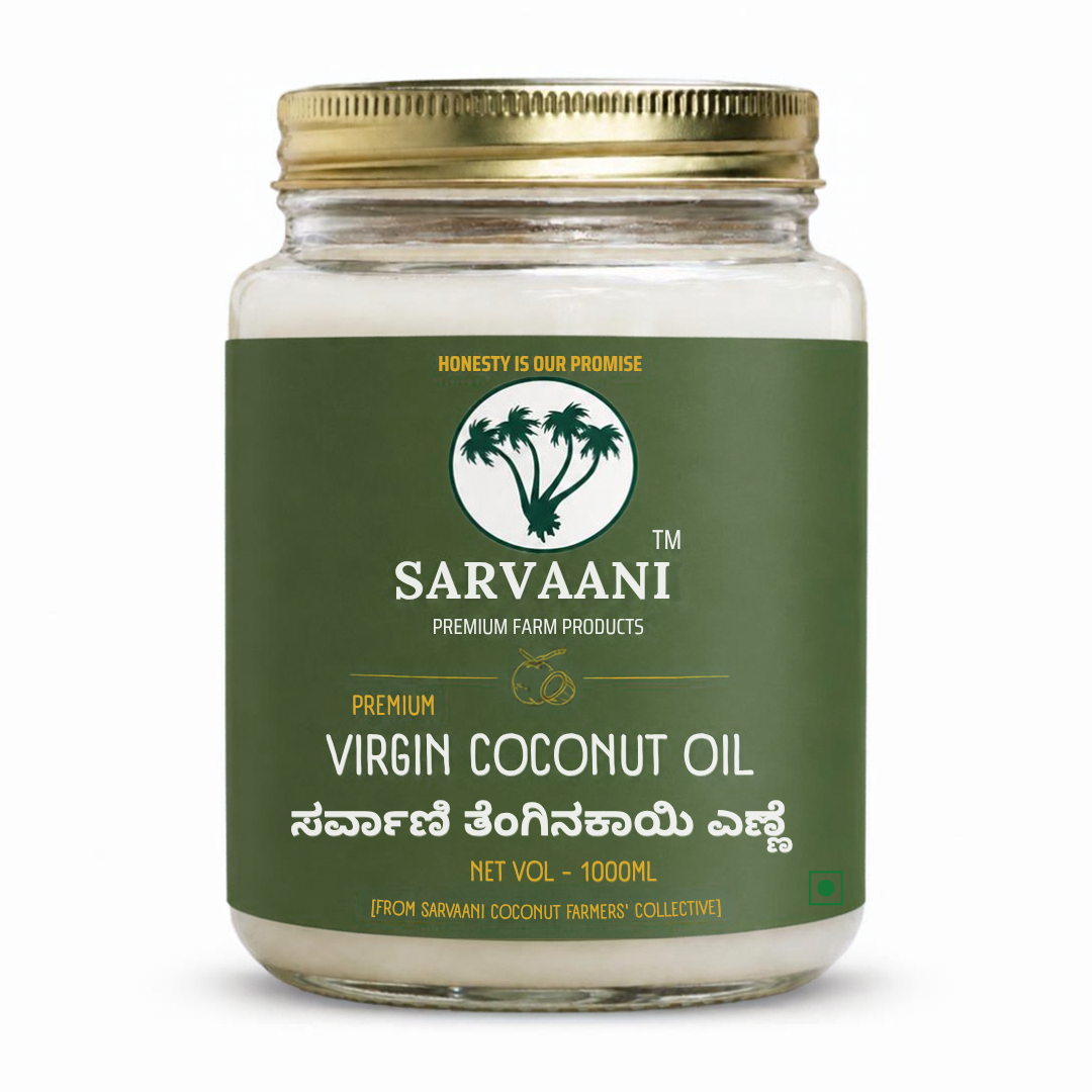 A jar of Sarvaani Premium Farm Products Virgin Coconut Oil with a gold metal lid and an olive green label, set against a plain white background.