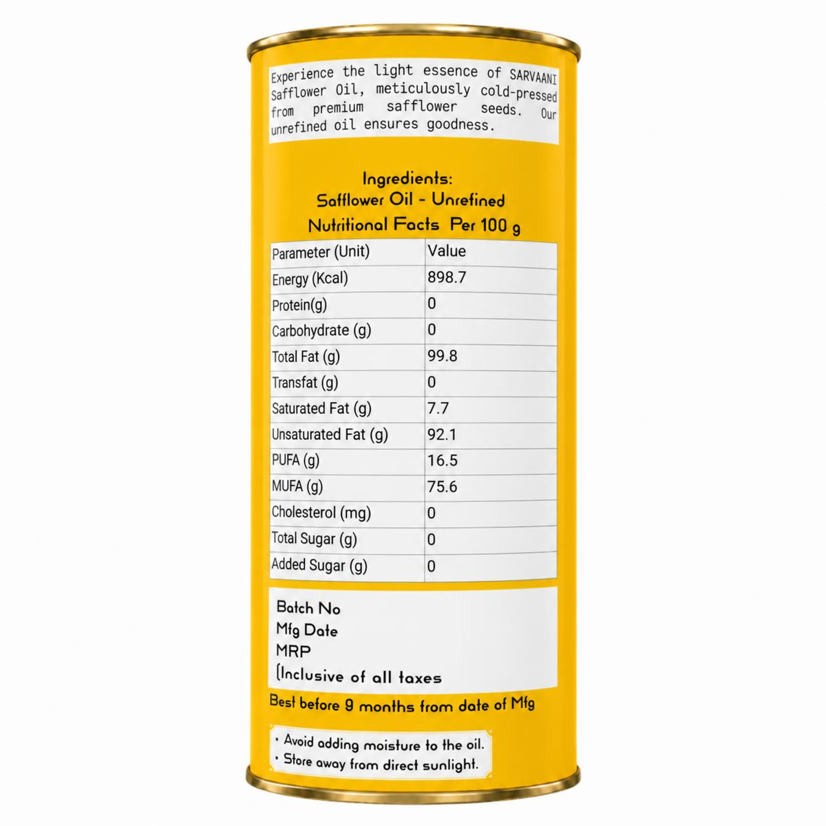Wood Pressed Safflower Oil - 1L Tin