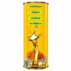A tall cylindrical yellow canister with gold-toned metal rims and a printed label featuring a golden liquid splash, orange flower-like graphics, and text reading 'Cold Pressed', 'Hygienic', 'Unrefined', and 'No Additives'.
