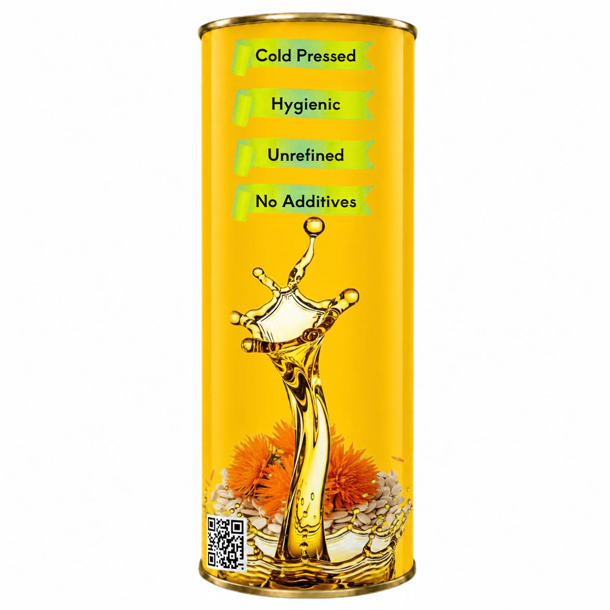A tall cylindrical yellow canister with gold-toned metal rims and a printed label featuring a golden liquid splash, orange flower-like graphics, and text reading 'Cold Pressed', 'Hygienic', 'Unrefined', and 'No Additives'.