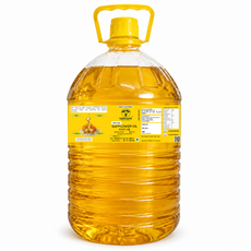 A large plastic bottle of Safflower Oil by SARVAANI, filled with golden yellow oil, featuring a yellow handle and a detailed product label on a white background.