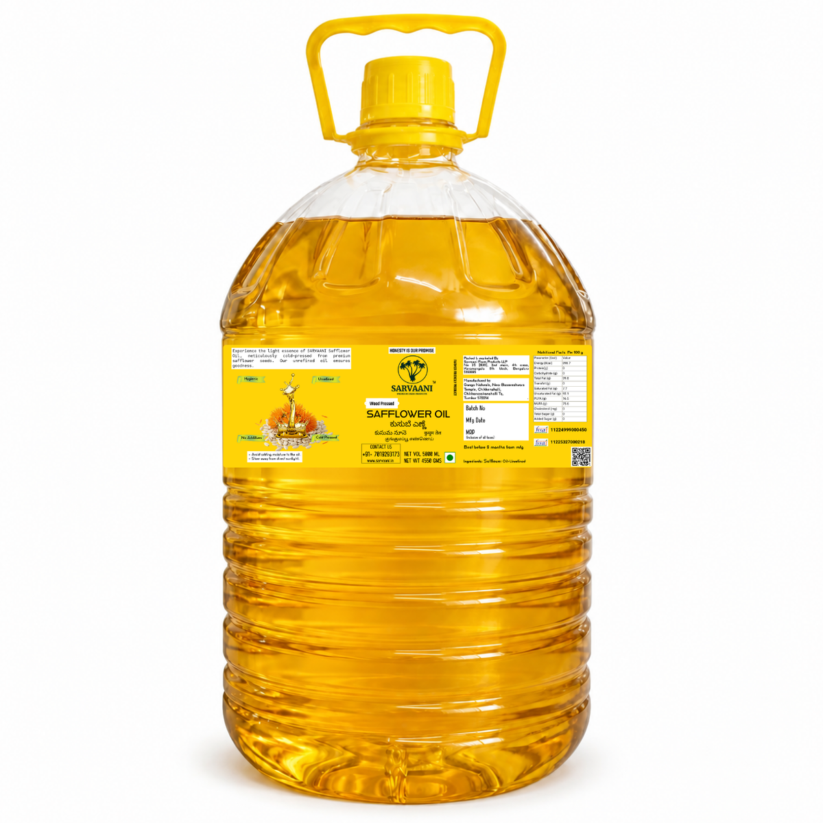A large plastic bottle of Safflower Oil by SARVAANI, filled with golden yellow oil, featuring a yellow handle and a detailed product label on a white background.