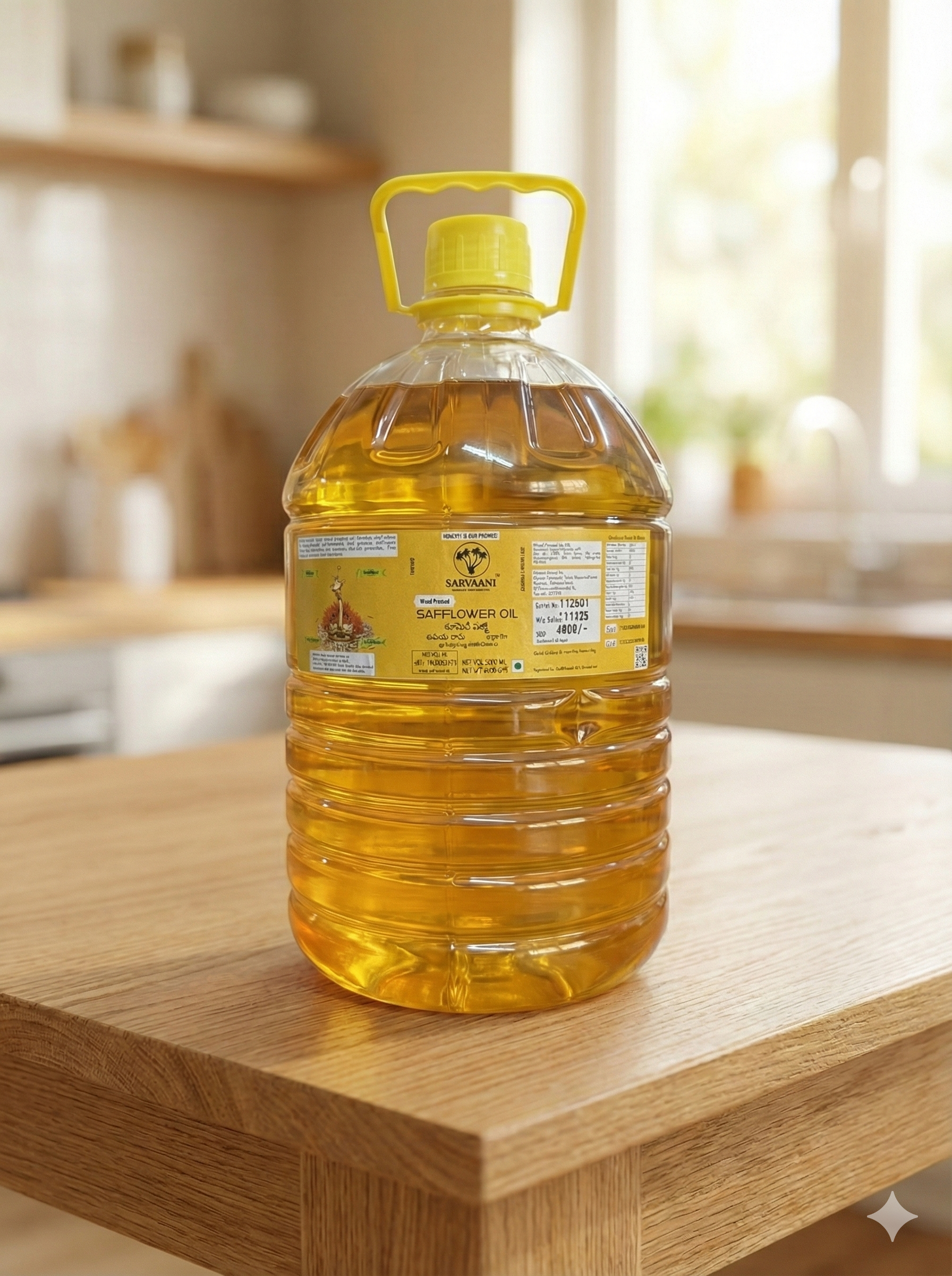 Sarvaani safflower oil bottle with smaller label on a white background