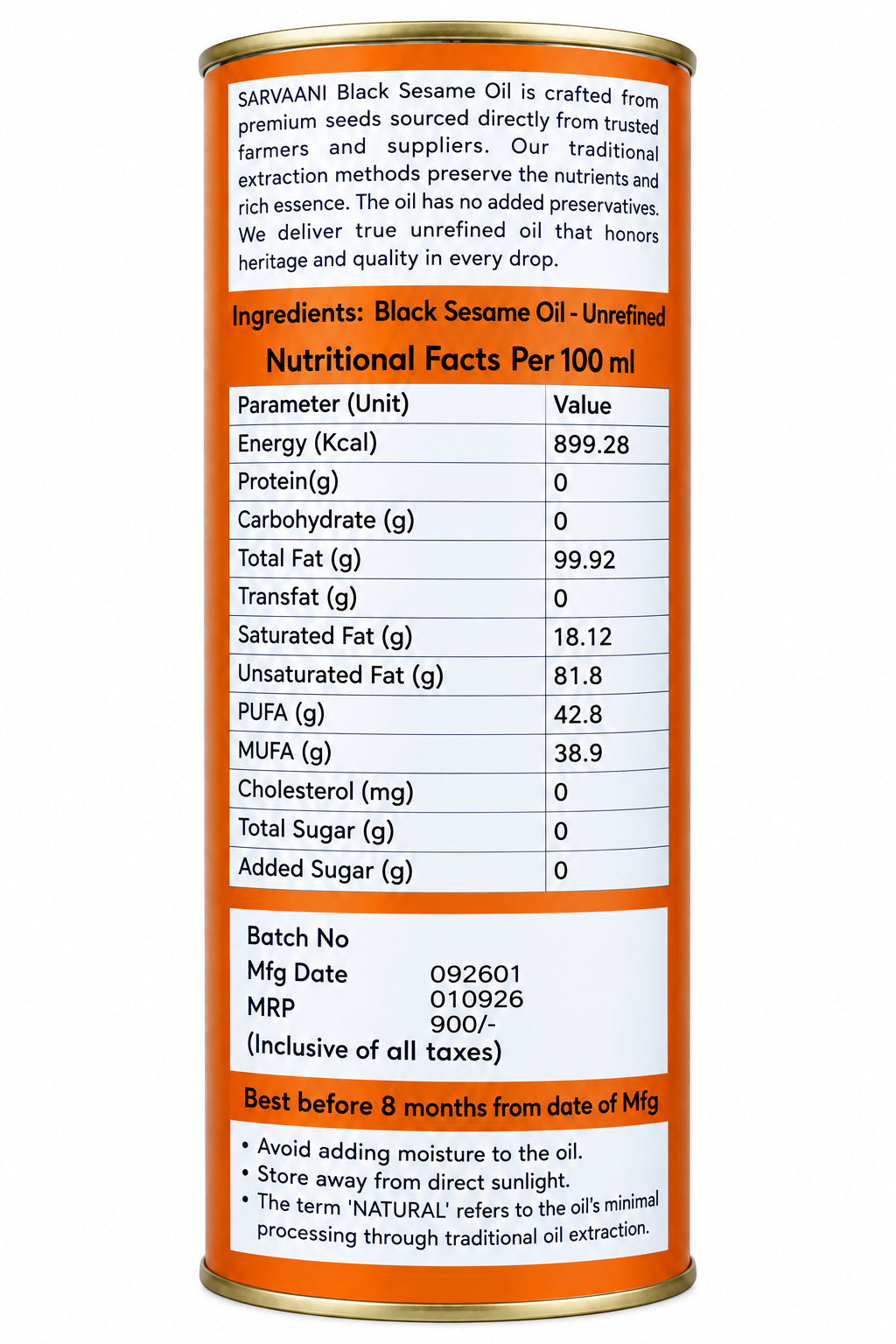 Wood Pressed Black Sesame Oil (Gingelly Oil )- 1L Tin