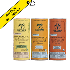 Three cans of Sarvaani wood pressed oil with promotional text on a white background | Sarvaai | groundnut Oil | Sunflower Oil | Sesame Oil