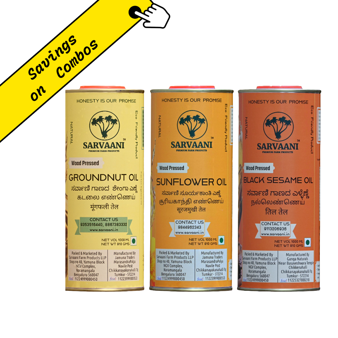 Three cans of Sarvaani wood pressed oil with promotional text on a white background | Sarvaai | groundnut Oil | Sunflower Oil | Sesame Oil