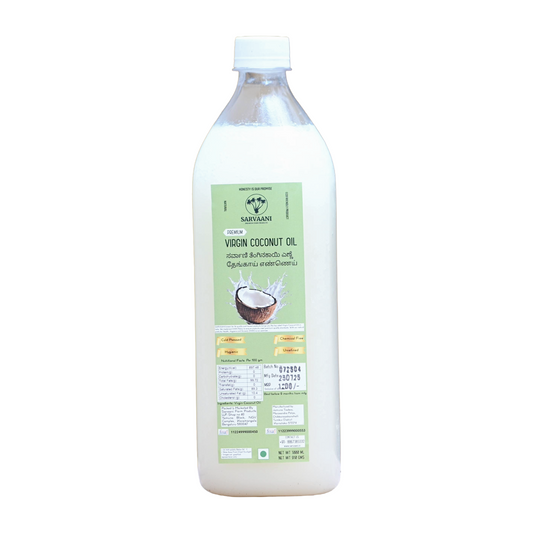 Bottle of Savitani Virgin Coconut Oil on a white background