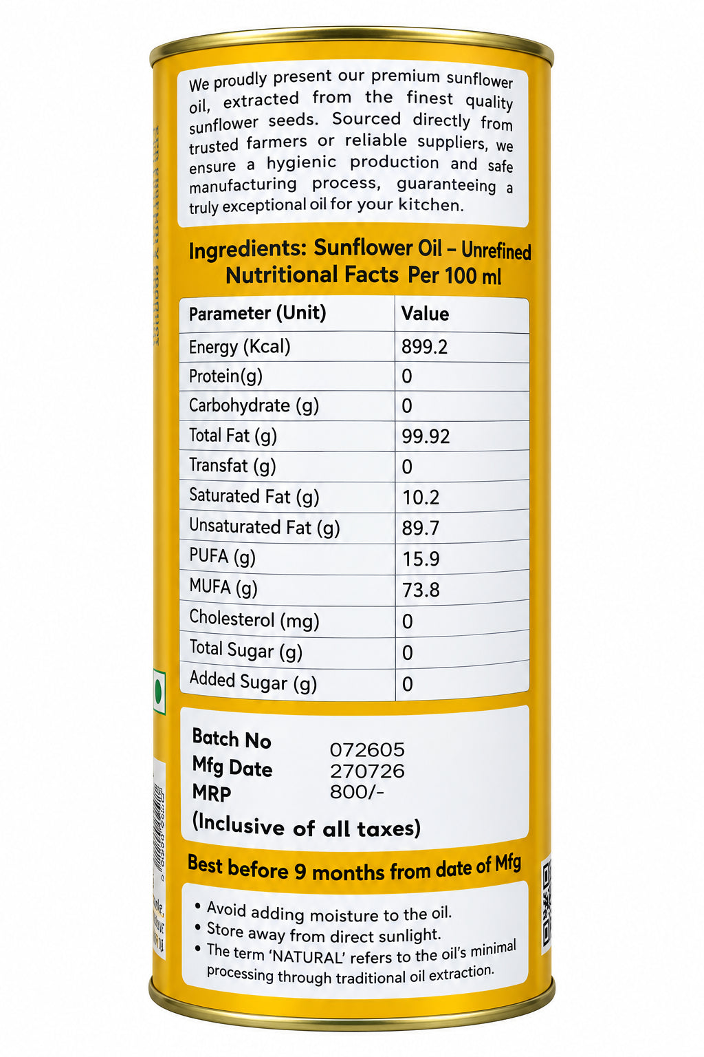 Wood Pressed Sunflower Oil (Mara Chekku - 1L Tin) | Cold Pressed | SARVAANI