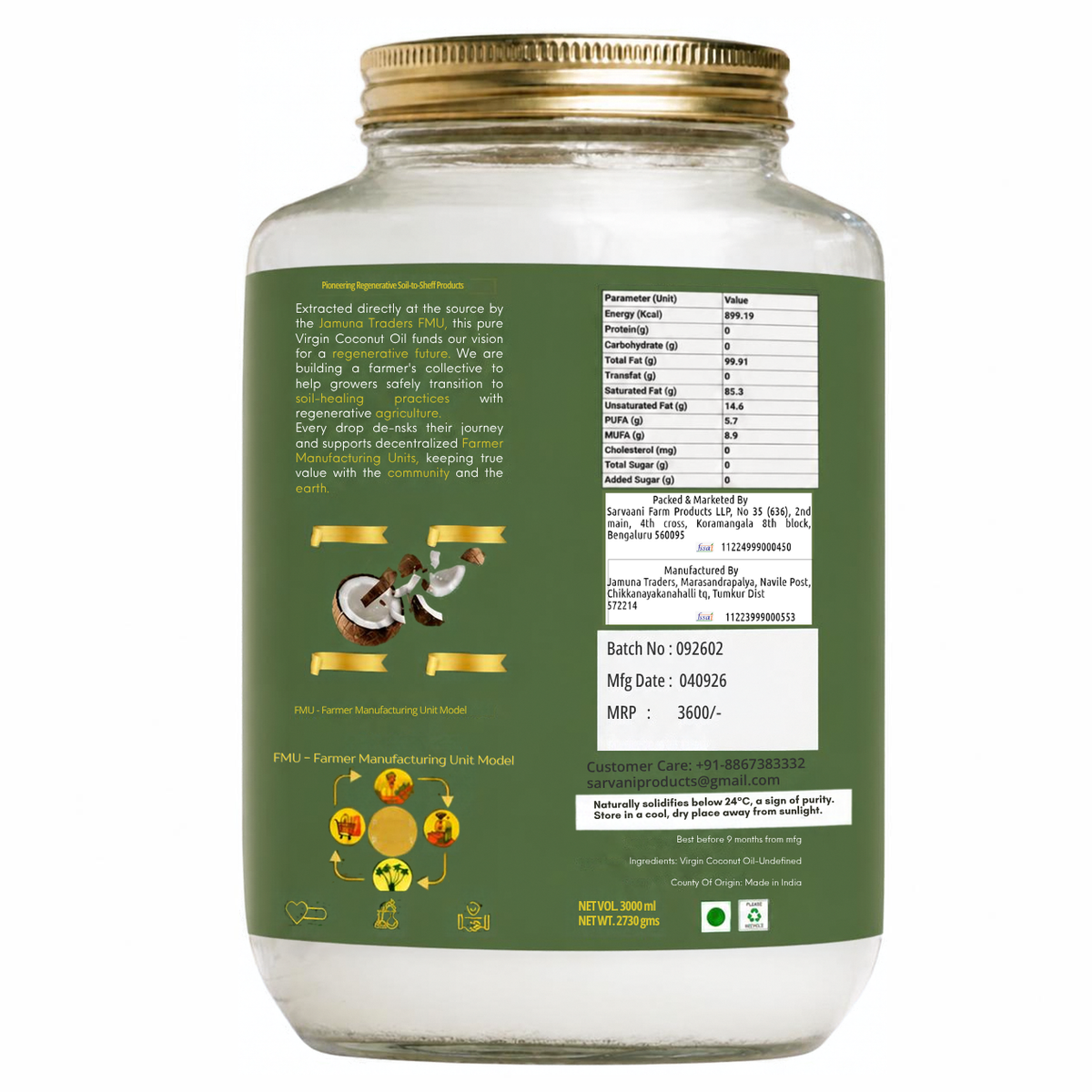 Premium Virgin Coconut Oil - GLASS - 3L