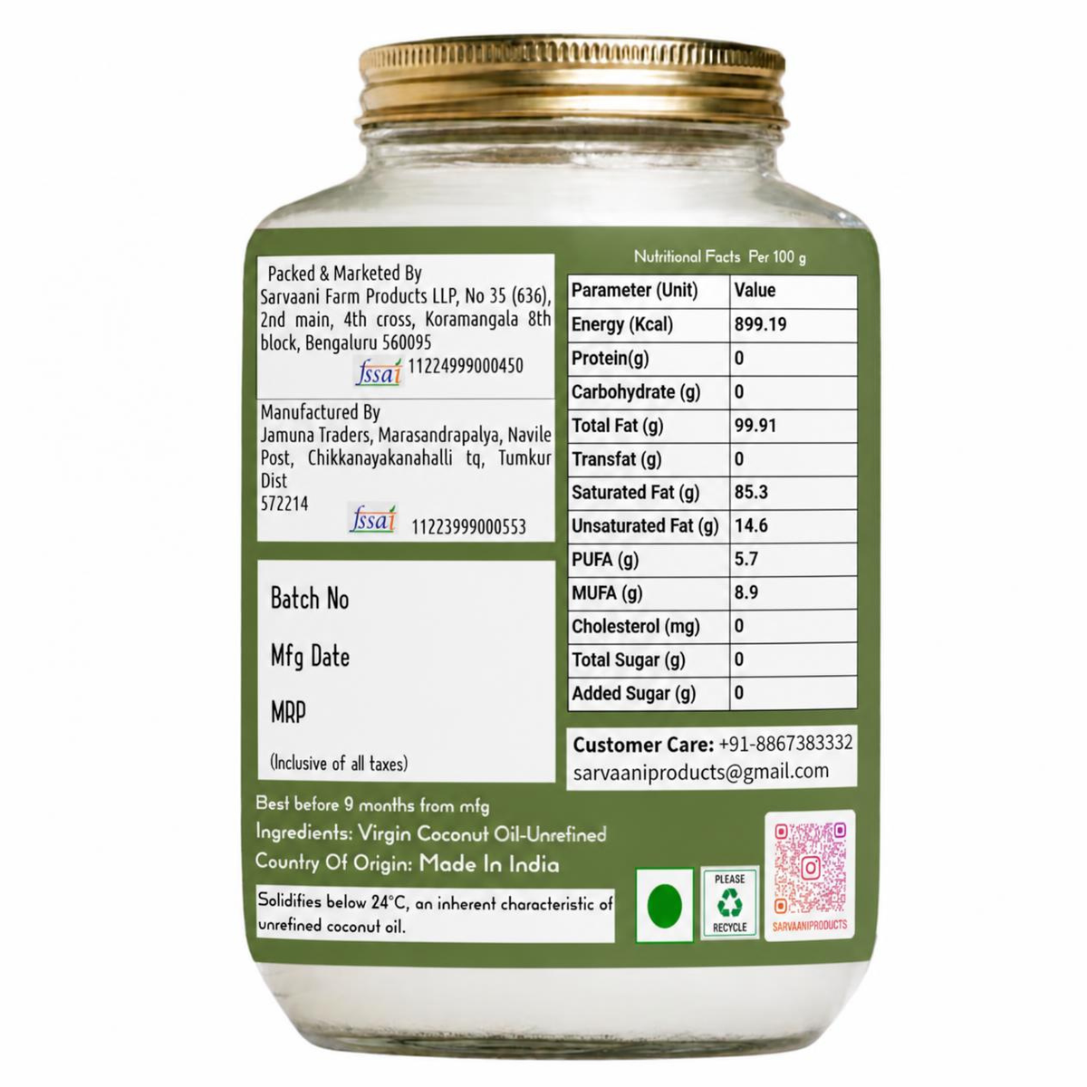 Premium Virgin Coconut Oil - GLASS - 3L